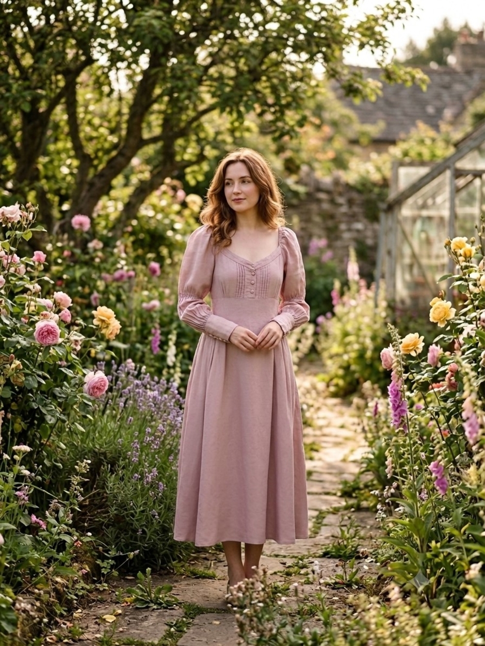 Linennaive Elegant Dusty Pink Maxi Dress with Sweetheart Neckline